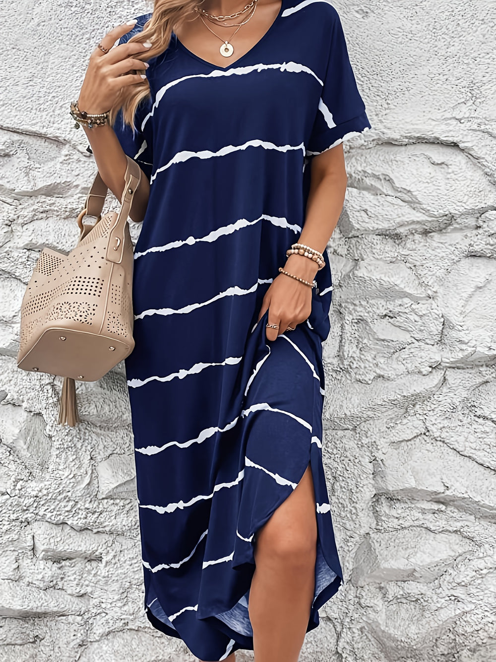 Casual V-Neck Tie Dye Pattern Loose Maxi Dress - Plus Size