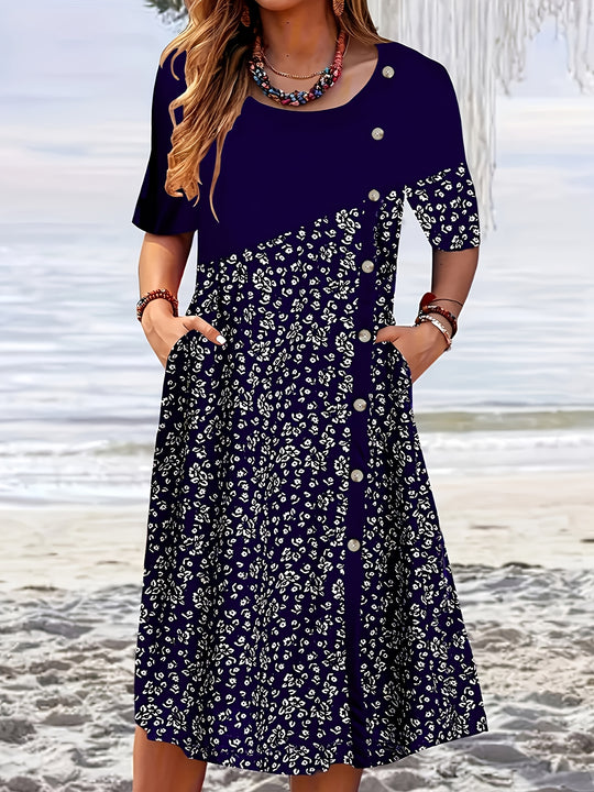 Elegant Asymmetrical Floral Print Midi Dress