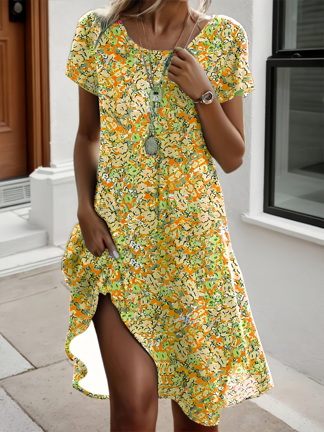 Relaxed Short Sleeve Floral Midi Dress