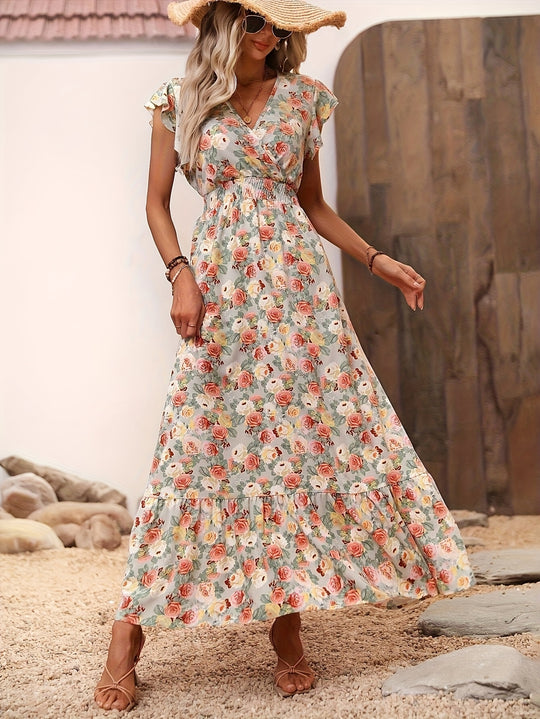 Floral Surplice V-Neck Smocked Maxi Dress