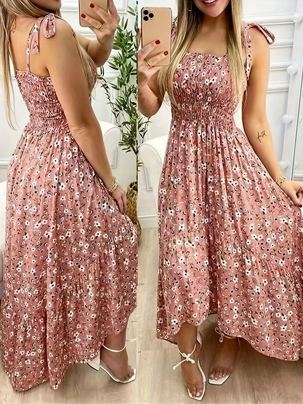 Boho Tie Shoulder Smocked Maxi Dress