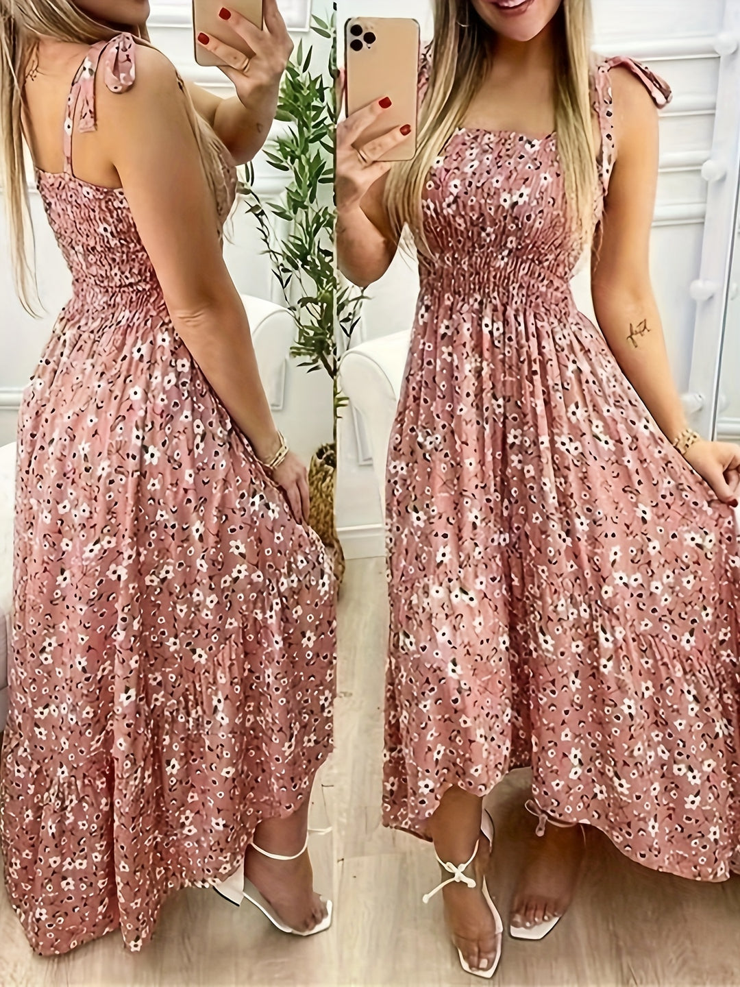 Boho Tie Shoulder Smocked Maxi Dress