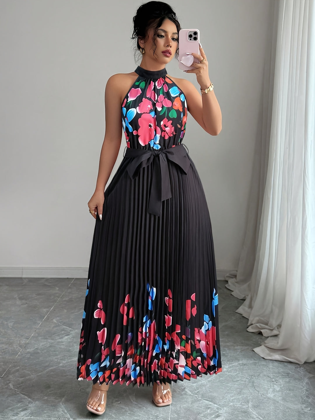 Halter Neck Floral Pleated Boho Dress