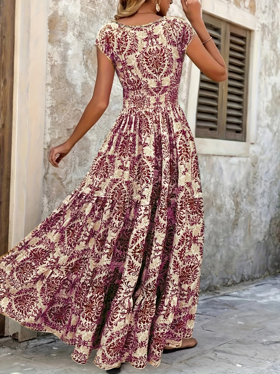 Ornate Print Tiered Smocked Boho Summer Dress