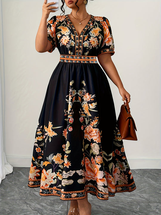 Plus Size Floral V-Neck Short Sleeve Bohemian Dress