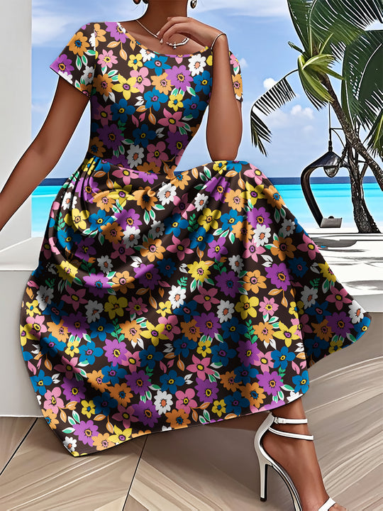 Round Neck Floral Flowy Summer Dress - Plus Size