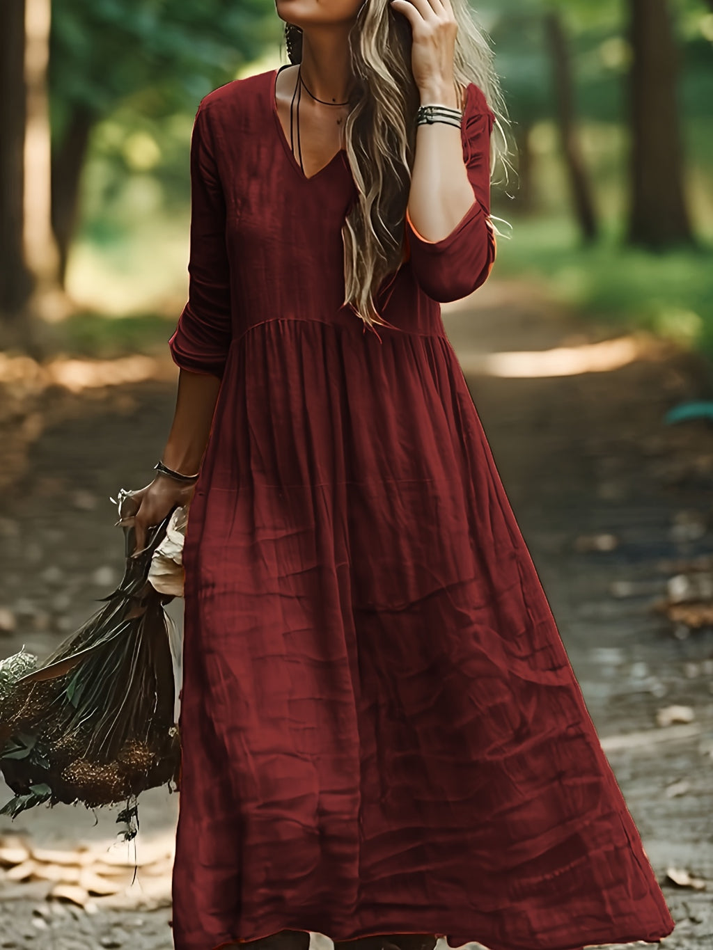 Bohemian V-Neck Textured Tiered Maxi Dress