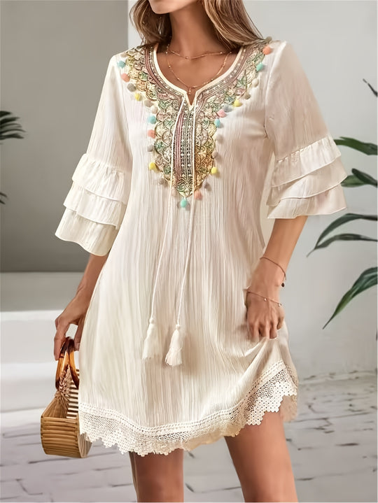 Embroidered Pom-Pom Tiered Sleeve Bohemian Mini Dress