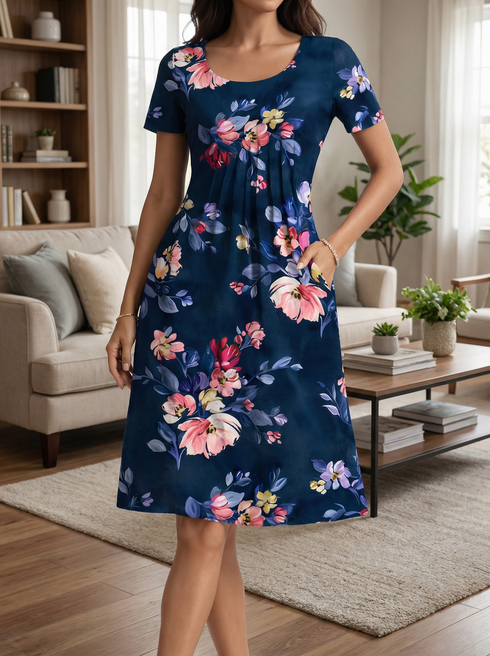 Floral Print Short Sleeve A-Line Midi Dress - Plus Size