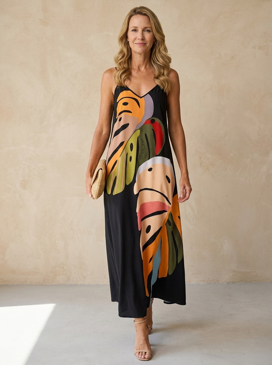 Summer Botanical Graphic Spaghetti Strap Maxi Dress