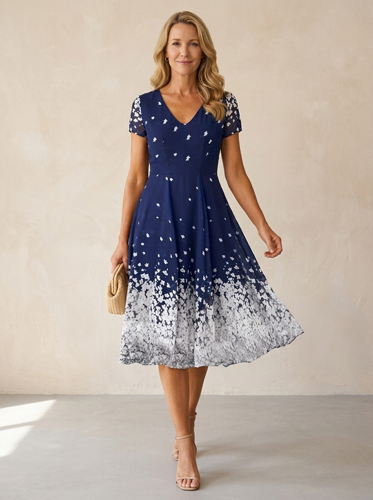 Casual Floral Print Flared Midi Dress