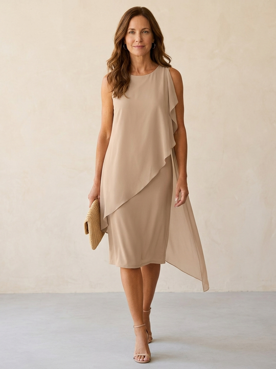 Elegant Sleeveless Chiffon Drape Midi Dress