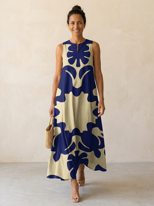 Sleeveless Abstract Print Flowy Boho Maxi Dress